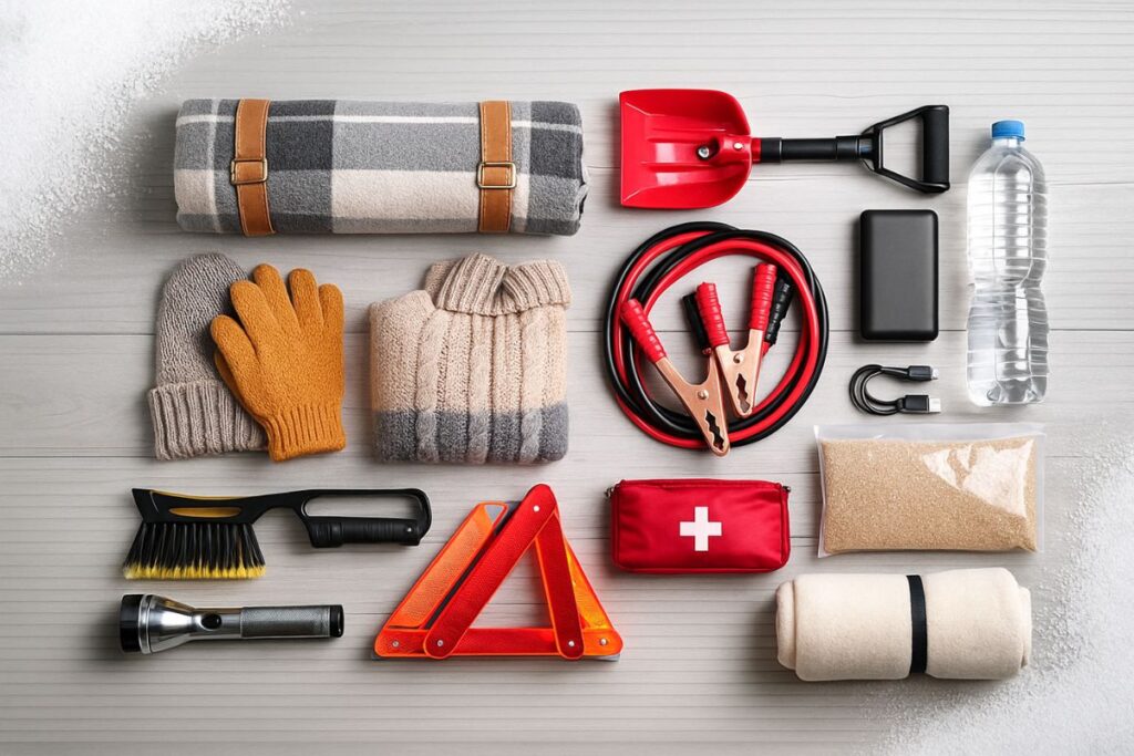 winter driving kit flat lay emergency items